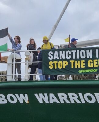 Palestine solidarity rally greeted by Rainbow Warrior Gaza protest A Rainbow Warrior shipboard protest over the Gaza genocide today