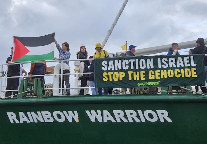 Rainbow Warrior APR 680wide A Rainbow Warrior shipboard protest over the Gaza genocide today