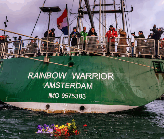 Greenpeace Aotearoa held a dawn ceremony on board the Rainbow Warrior III today commemorating the 40th anniversary of the bombing of the original Rainbow Warrior and the death of photographer Fernando Pereira on 10 July 1985