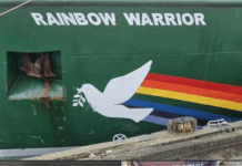 Journalist David Robie talking in a live cross to ABC News in Australia from the Rainbow Warrior dawn memorial service for Fernando Pereira on the 40th anniversary of the bombing of the Rainbow Warrior in Auckland