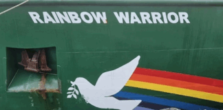 Journalist David Robie talking in a live cross to ABC News in Australia from the Rainbow Warrior dawn memorial service for Fernando Pereira on the 40th anniversary of the bombing of the Rainbow Warrior in Auckland