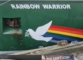 Journalist David Robie talking in a live cross to ABC News in Australia from the Rainbow Warrior dawn memorial service for Fernando Pereira on the 40th anniversary of the bombing of the Rainbow Warrior in Auckland