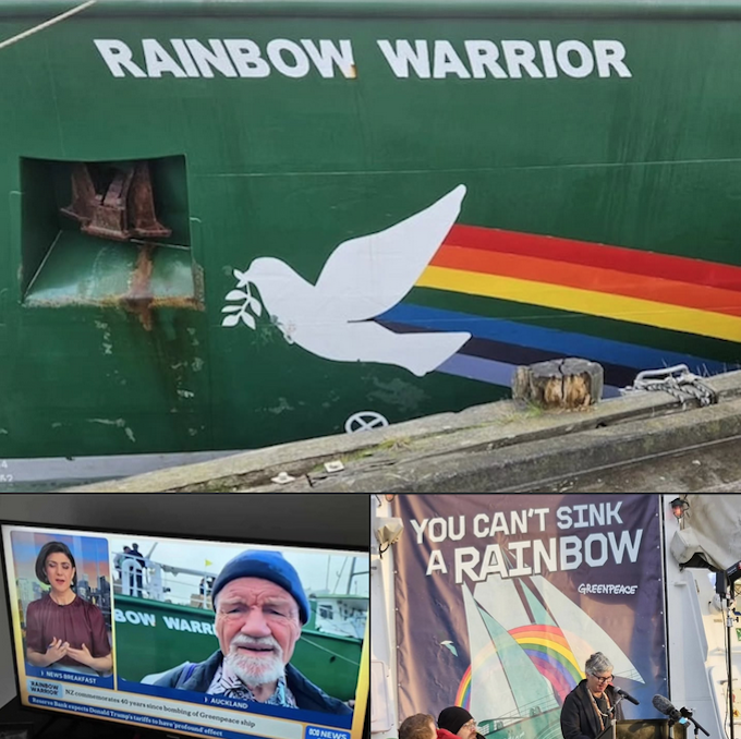 Rainbow Warrior montage DR 680wide Journalist David Robie talking in a live cross to ABC News in Australia from the Rainbow Warrior dawn memorial service for Fernando Pereira on the 40th anniversary of the bombing of the Rainbow Warrior in Auckland