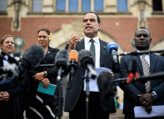 Vanuatu's Climate Minister Ralph Regenvanu talks to the media
