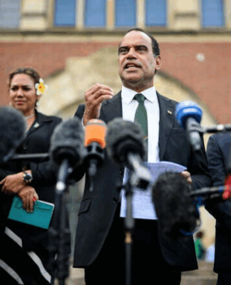 Vanuatu's Climate Minister Ralph Regenvanu talks to the media