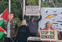 Protesters picketing a Rocket Lab manufacturing site in Warkworth