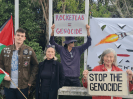 Protesters picketing a Rocket Lab manufacturing site in Warkworth