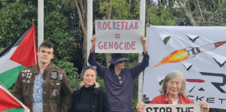 Protesters picketing a Rocket Lab manufacturing site in Warkworth