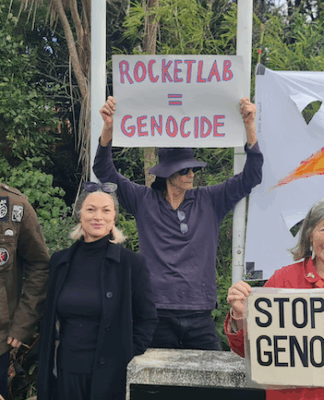 Protesters picketing a Rocket Lab manufacturing site in Warkworth