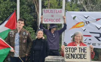 Protesters picketing a Rocket Lab manufacturing site in Warkworth