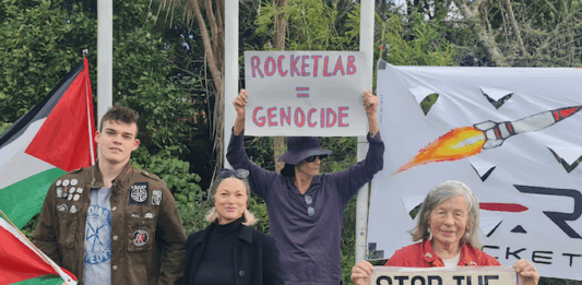 Protesters picketing a Rocket Lab manufacturing site in Warkworth