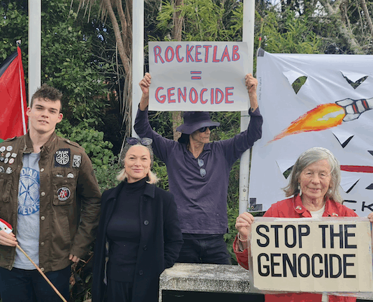 Protesters picketing a Rocket Lab manufacturing site in Warkworth