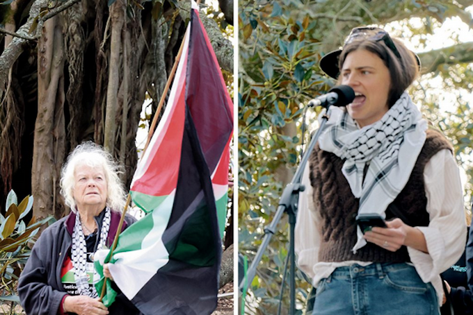 Call to action . . . Devonport peace activist Ruth Coombes (left) and Green Party co-leader Chlöe Swarbrick at the microphone (right). Image: The Devonport Flagstaff