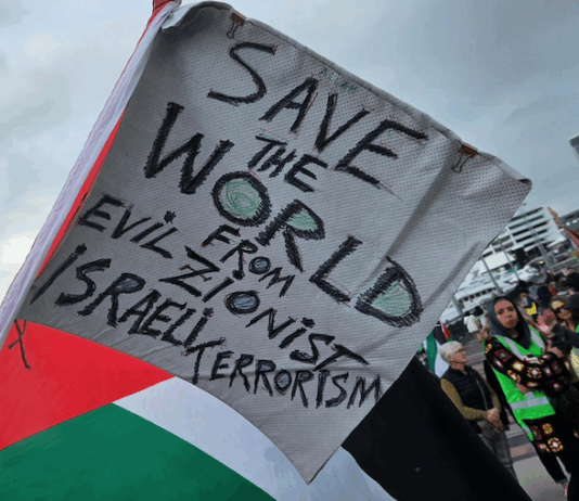 A "save the world" banner at last Saturday's pro-Palestinian march in Auckland's Viaduct precinct