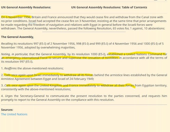 UN General Assembly resolutions setting up the first UN Peacekeeping Force in 1956.