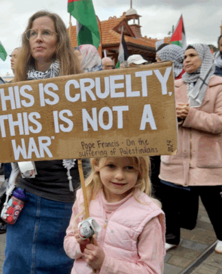 NZ and allies condemn ‘inhumane’, ‘horrifying’ killings in Gaza and ‘drip feeding’ of aid "This is cruelty - this is not a war," says this young girl's placard quoting the Pope
