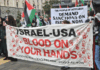 An "Israel-USA - blood on your hands" banner at a pro-Palestinian rally in Auckland last Saturday
