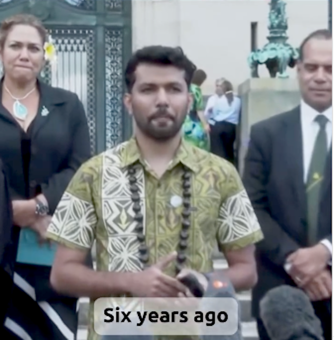 Vishal Prasad of the Pacific Islands Students Fighting Climate Change group speaks to the media