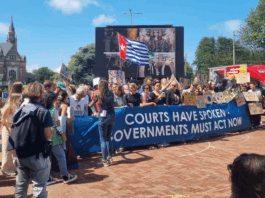 A West Papuan Morning Star flag of independence flies higm among dozens of climate activists - from both the Netherlands and abroad - gathered on a square outside the court