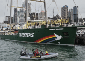 The Rainbow Warrior III on the eve of the memorial service for Greenpeace photographer Fernando Pereira