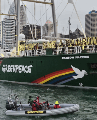 The Rainbow Warrior III on the eve of the memorial service for Greenpeace photographer Fernando Pereira
