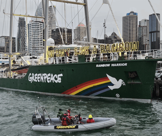 The Rainbow Warrior III on the eve of the memorial service for Greenpeace photographer Fernando Pereira