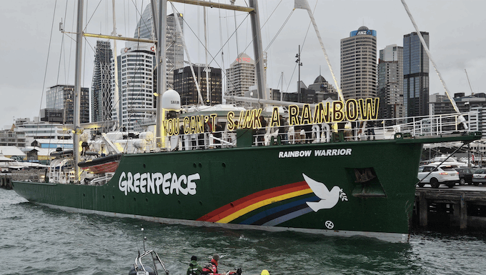The Rainbow Warrior III on the eve of the memorial service for Greenpeace photographer Fernando Pereira