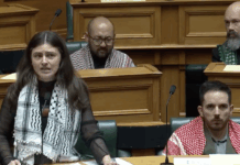 NZ Green Party co-leader Chlöe Swarbrick with three of her party colleagues all wearing Palestinian keffiyeh