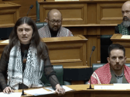 NZ Green Party co-leader Chlöe Swarbrick with three of her party colleagues all wearing Palestinian keffiyeh