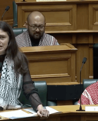 Greens co-leader Chlöe Swarbrick barred from NZ Parliament for rest of week after fiery Gaza speech NZ Green Party co-leader Chlöe Swarbrick with three of her party colleagues all wearing Palestinian keffiyeh