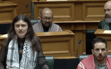NZ Green Party co-leader Chlöe Swarbrick with three of her party colleagues all wearing Palestinian keffiyeh