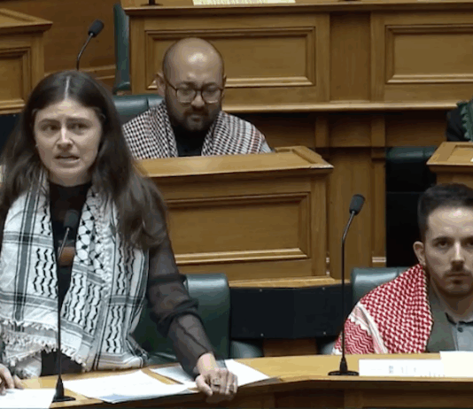 NZ Green Party co-leader Chlöe Swarbrick with three of her party colleagues all wearing Palestinian keffiyeh