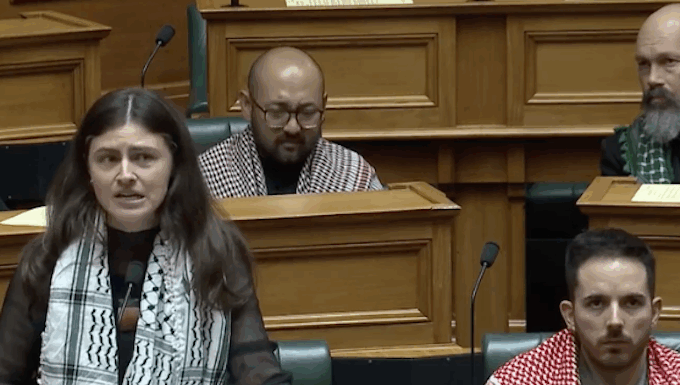NZ Green Party co-leader Chlöe Swarbrick with three of her party colleagues all wearing Palestinian keffiyeh