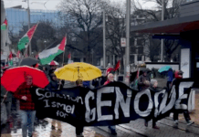A protest calls for sanctions against Israel