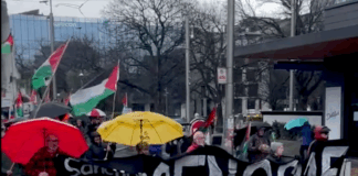 A protest calls for sanctions against Israel