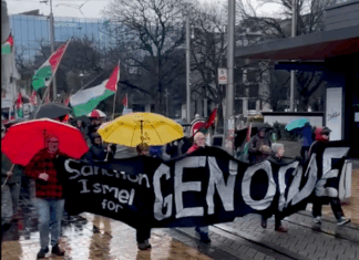 A protest calls for sanctions against Israel