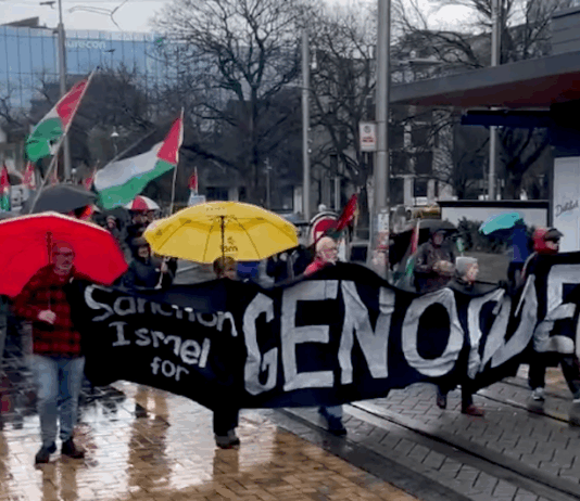 A protest calls for sanctions against Israel