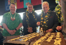 NZ Foreign Minister Winston Peters with Minister for Pacific Peoples Shane Reti celebrating the 60th anniversary of the Cook Islands constitution in Tāmaki Makaurau