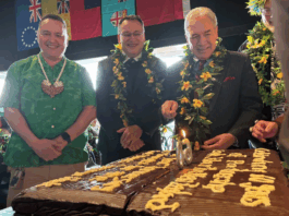 NZ Foreign Minister Winston Peters with Minister for Pacific Peoples Shane Reti celebrating the 60th anniversary of the Cook Islands constitution in Tāmaki Makaurau