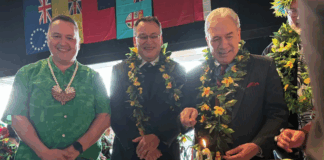 NZ Foreign Minister Winston Peters with Minister for Pacific Peoples Shane Reti celebrating the 60th anniversary of the Cook Islands constitution in Tāmaki Makaurau