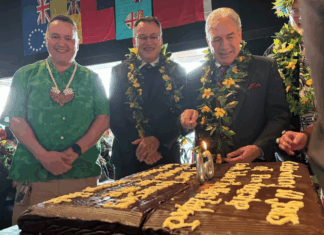 NZ Foreign Minister Winston Peters with Minister for Pacific Peoples Shane Reti celebrating the 60th anniversary of the Cook Islands constitution in Tāmaki Makaurau