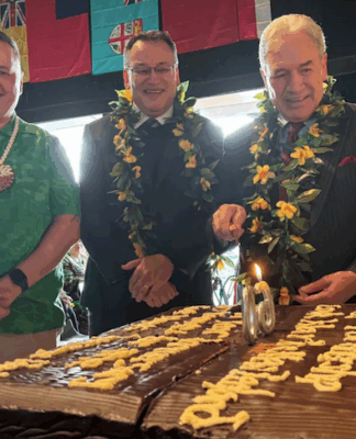 NZ Foreign Minister Winston Peters with Minister for Pacific Peoples Shane Reti celebrating the 60th anniversary of the Cook Islands constitution in Tāmaki Makaurau