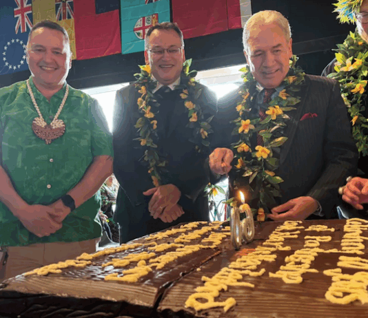 NZ Foreign Minister Winston Peters with Minister for Pacific Peoples Shane Reti celebrating the 60th anniversary of the Cook Islands constitution in Tāmaki Makaurau