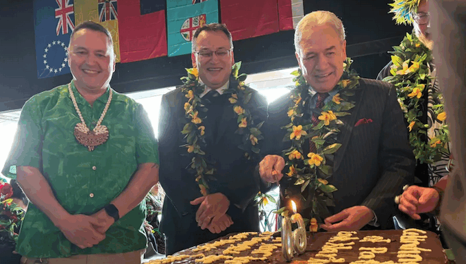 NZ Foreign Minister Winston Peters with Minister for Pacific Peoples Shane Reti celebrating the 60th anniversary of the Cook Islands constitution in Tāmaki Makaurau