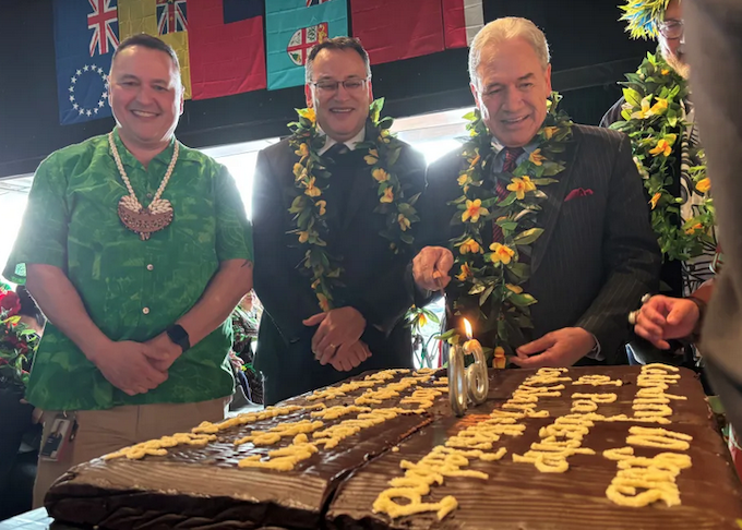 Cooks 60th anniversary RNZ 680wide NZ Foreign Minister Winston Peters with Minister for Pacific Peoples Shane Reti celebrating the 60th anniversary of the Cook Islands constitution in Tāmaki Makaurau