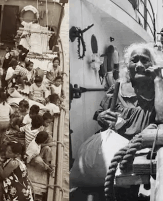 Nuclear refugees from Rongelap in the Marshall Islands being evacuated on board the Rainbow Warrior to Mejatto island in May 1985
