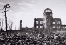 The lone building left standing from the US nuclear bomb attack on 3 August 1945 that later became the Hiroshima Peace Memorial