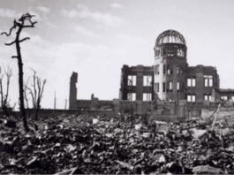 The lone building left standing from the US nuclear bomb attack on 3 August 1945 that later became the Hiroshima Peace Memorial