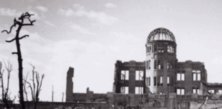 The lone building left standing from the US nuclear bomb attack on 3 August 1945 that later became the Hiroshima Peace Memorial
