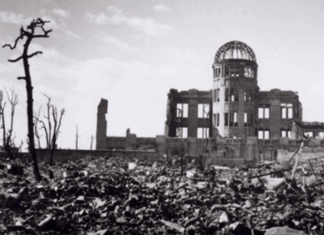 The lone building left standing from the US nuclear bomb attack on 3 August 1945 that later became the Hiroshima Peace Memorial